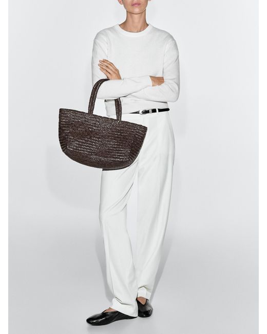 MASSIMO DUTTI White Medium Braided Nappa Leather Tote Bag