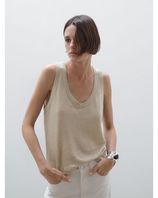 MASSIMO DUTTI Natural Stricktop Aus 100 Leinen Mit V-Ausschnitt