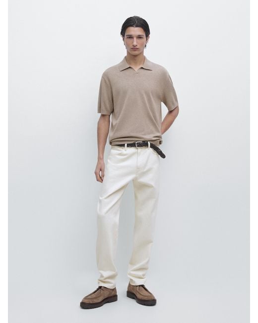 MASSIMO DUTTI White Cotton Blend Knit Polo Sweater for men