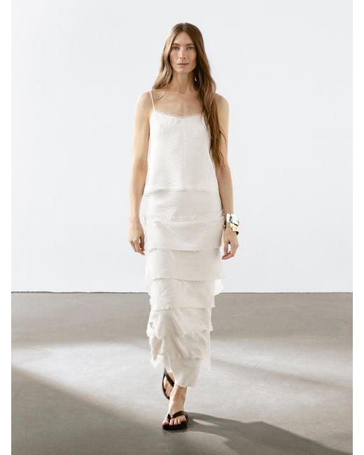 MASSIMO DUTTI White Midi Skirt With Ruffle Detail