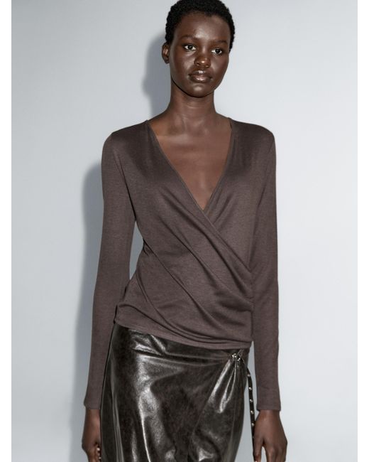 MASSIMO DUTTI Gray Lyocell And Wool Top With Surplice Neckline