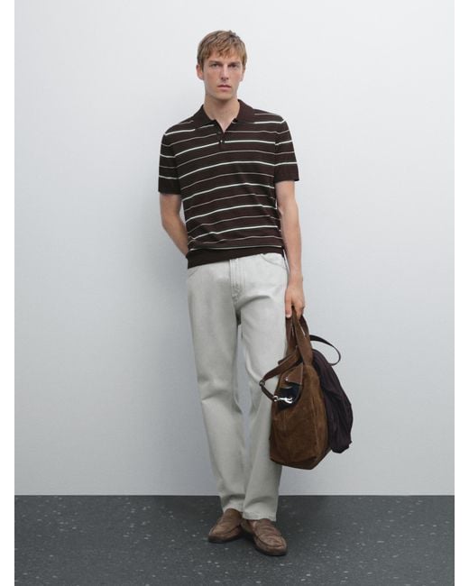 MASSIMO DUTTI Gray 100% Cotton Striped Knit Polo Shirt for men
