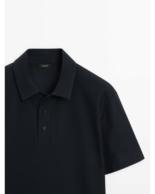 MASSIMO DUTTI Blue Short Sleeve Diagonal Cotton Micro-Twill Polo Shirt for men