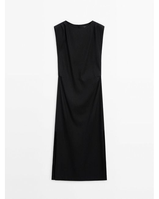MASSIMO DUTTI Black Linen Blend Stretch Dress With Pleated Detail