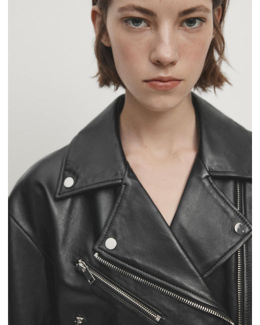 MASSIMO DUTTI Black Cropped Leather Jacket