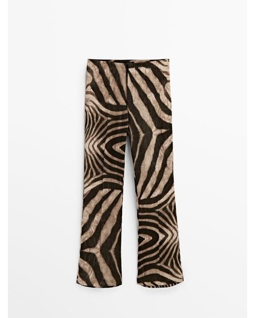 MASSIMO DUTTI Brown Zebra Print Linen Trousers
