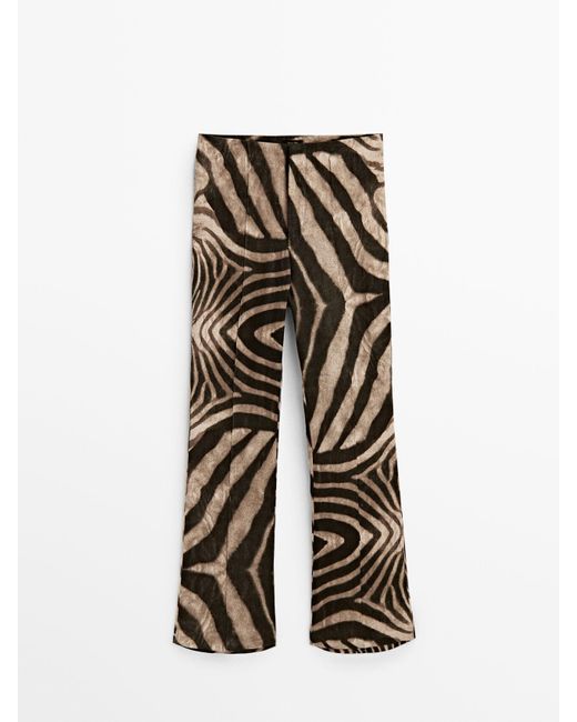 MASSIMO DUTTI Zebra Print Linen Trousers in Brown Lyst