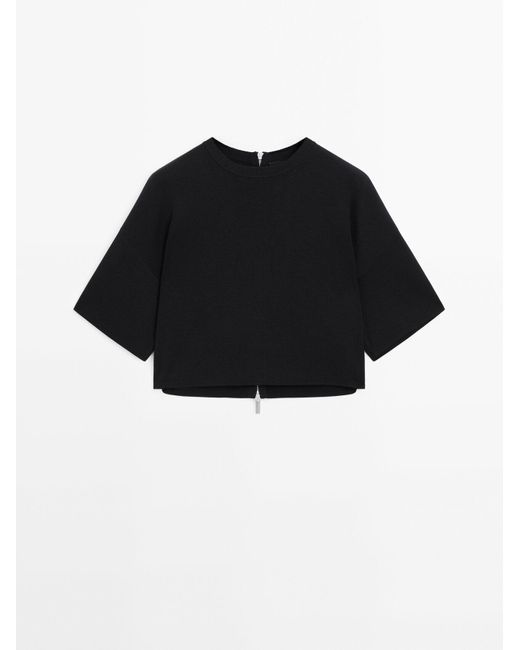 MASSIMO DUTTI Black Short Sleeve Mock Turtleneck Sweater