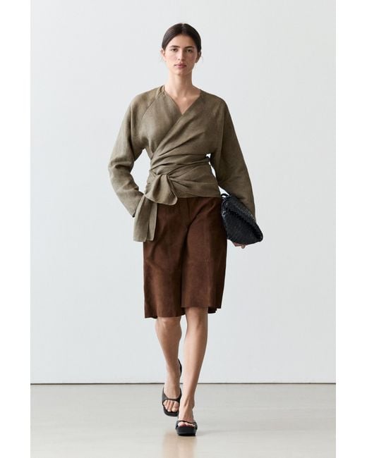 MASSIMO DUTTI Green 100% Linen Shirt With Bow Detail