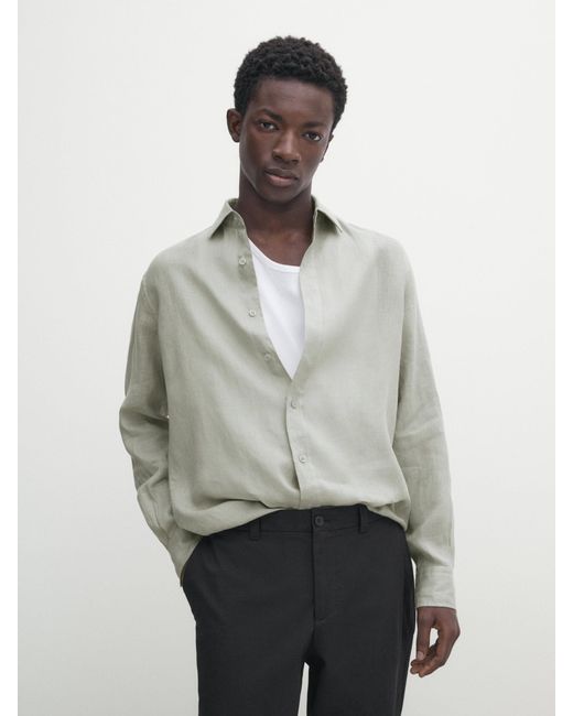 MASSIMO DUTTI Gray 100% Linen Regular Fit Shirt for men