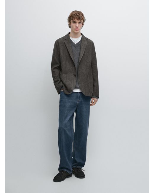 MASSIMO DUTTI Blue Wool Blend Herringbone Blazer for men