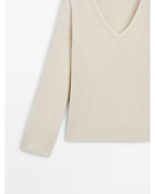 MASSIMO DUTTI Natural V-Neck Cotton Sweater