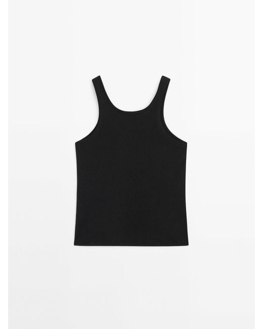 MASSIMO DUTTI Black 100% Linen Halter Top With Ribbed Detail