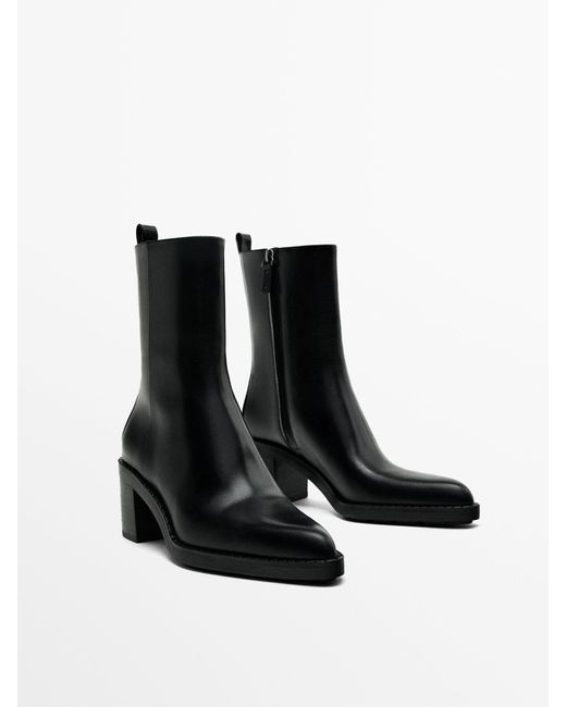 MASSIMO DUTTI Black Chunky Heel Ankle Boots