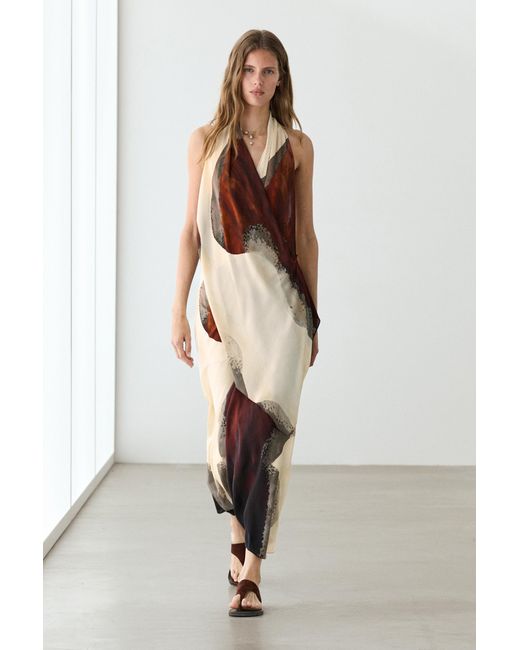 MASSIMO DUTTI Brown Long Flowing Halter Neck Dress