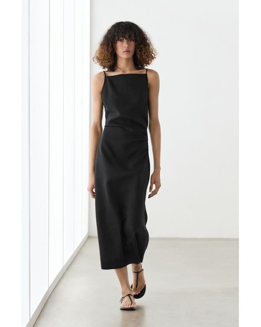 MASSIMO DUTTI Black Linen Blend Midi Dress With Draped Detail