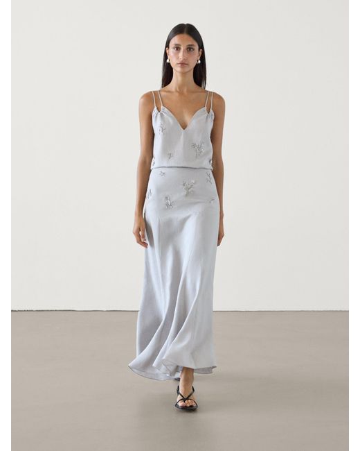 Falda 100% Lino Bordada Conjunto MASSIMO DUTTI de color White
