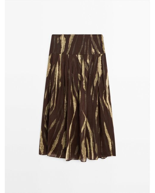 MASSIMO DUTTI Natural Printed Pleated Ramie Blend Skirt