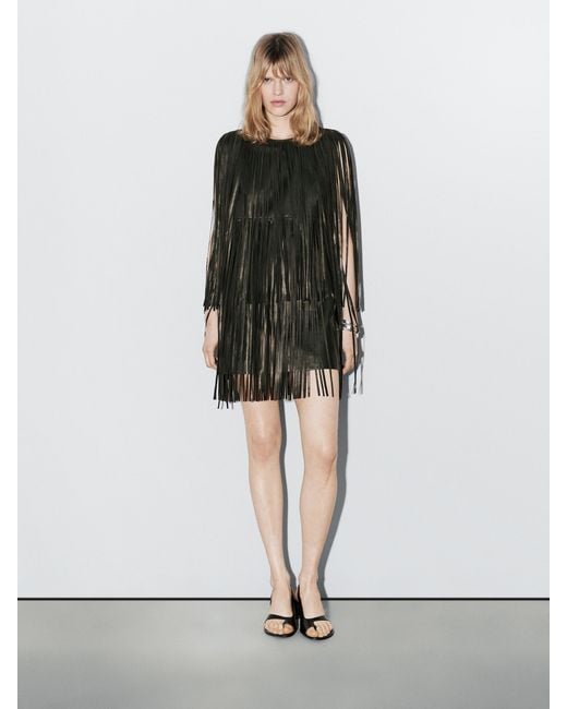 MASSIMO DUTTI Short Nappa Leather Dress With Fringing in White | Lyst