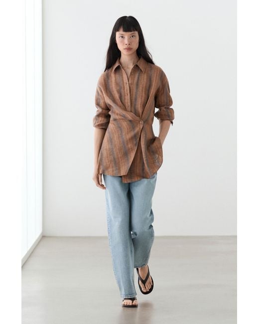 MASSIMO DUTTI Brown 100% Linen Striped Crossover Shirt