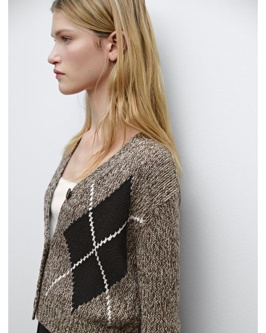 MASSIMO DUTTI Brown Cropped Cotton Argyle Knit Cardigan