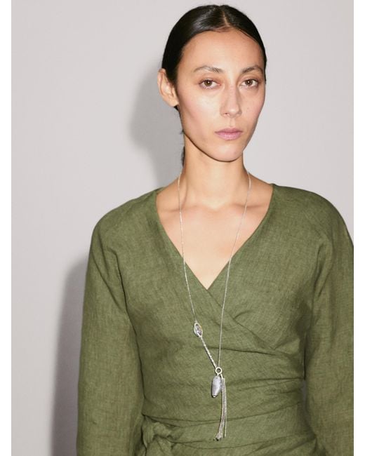 MASSIMO DUTTI Green Flowing Linen Blouse With Tie Detail