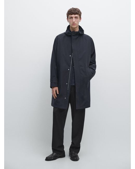 MASSIMO DUTTI Blue Long Hooded Parka for men
