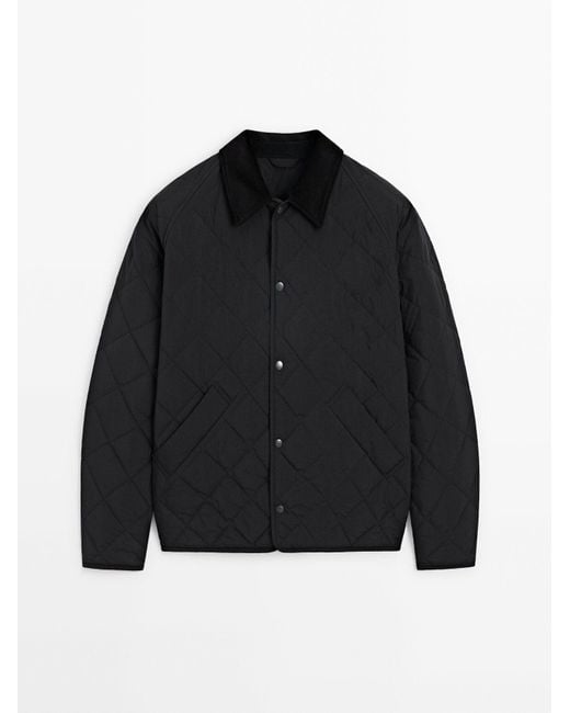 MASSIMO DUTTI Black Lightweight Quilted Jacket With Corduroy Detail for men