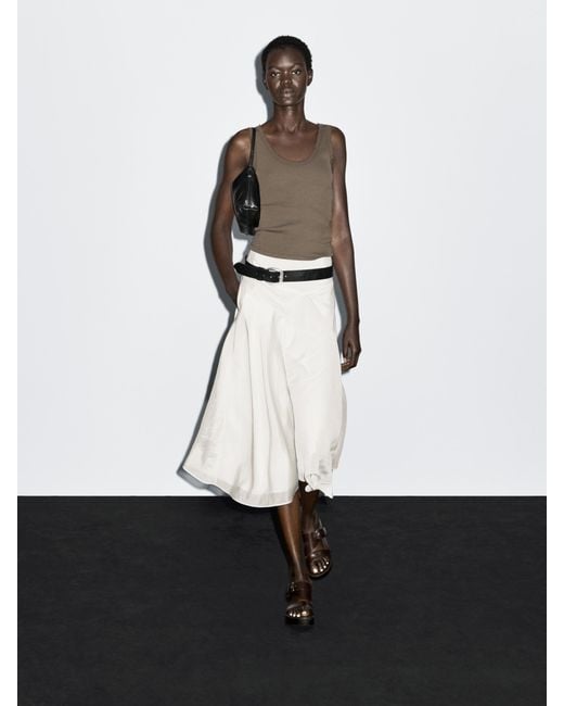 MASSIMO DUTTI White Midi Skirt With Yoke And Flounce