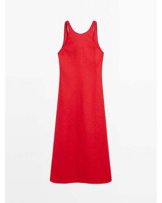 MASSIMO DUTTI 100% Linnen Midi-Jurk Met Ronde Hals in het Red