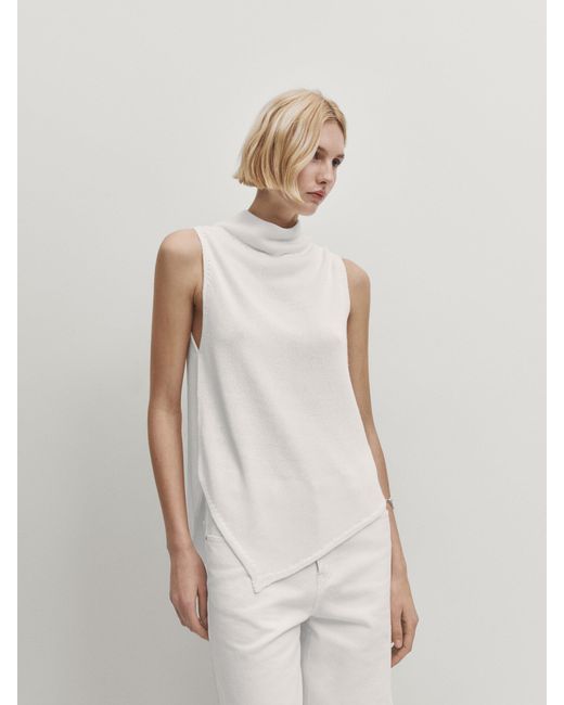 MASSIMO DUTTI White Knit Turtleneck Top With V Detail
