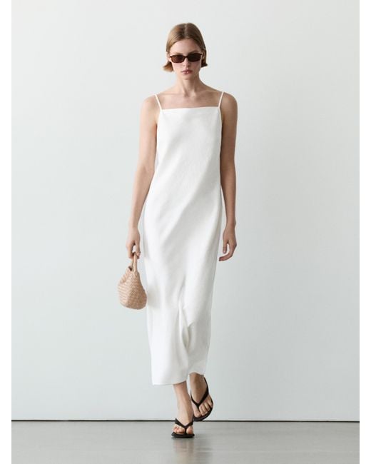 MASSIMO DUTTI White Linen Straight Neckline Midi Dress