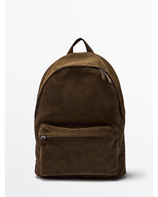 MASSIMO DUTTI Brown Suede Leather Backpack With Zip for men