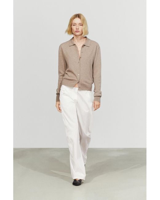 MASSIMO DUTTI Natural 100% Cashmere Knit Polo Collar Cardigan