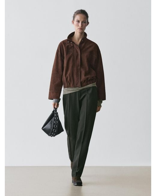 MASSIMO DUTTI Gray Suede Leather Bomber Jacket