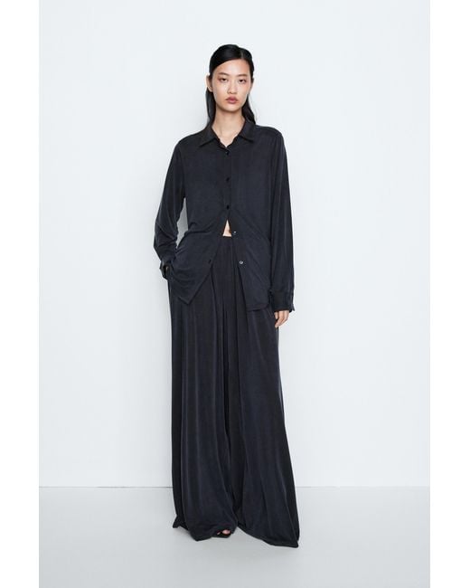 MASSIMO DUTTI Blue Pleated Flowing Wide-Leg Pants