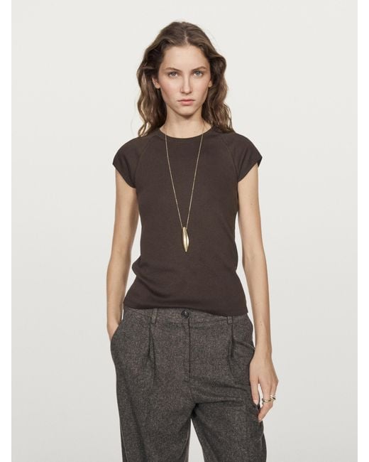 MASSIMO DUTTI Black Cotton T-Shirt With Short Raglan Sleeves
