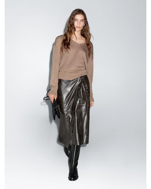 Jupe Midi Enveloppante En Cuir Nappa MASSIMO DUTTI en coloris Brown