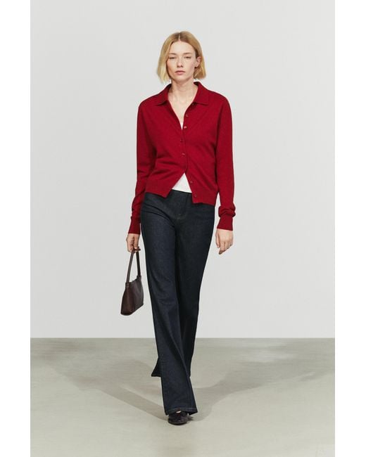 MASSIMO DUTTI Red 100% Cashmere Knit Polo Collar Cardigan