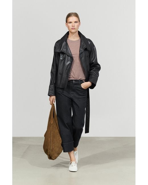 MASSIMO DUTTI Blue Short High Neck Leather Trench Coat
