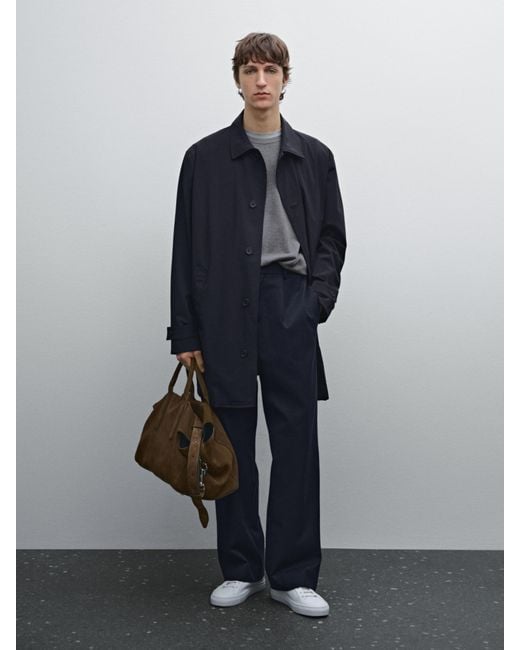 MASSIMO DUTTI Blue Technical Fabric Trench Coat for men