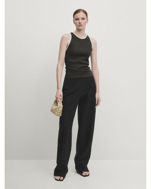 MASSIMO DUTTI Black Contrast Ribbed Top