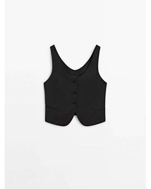 MASSIMO DUTTI Black Cropped Waistcoat With Neckline Detail