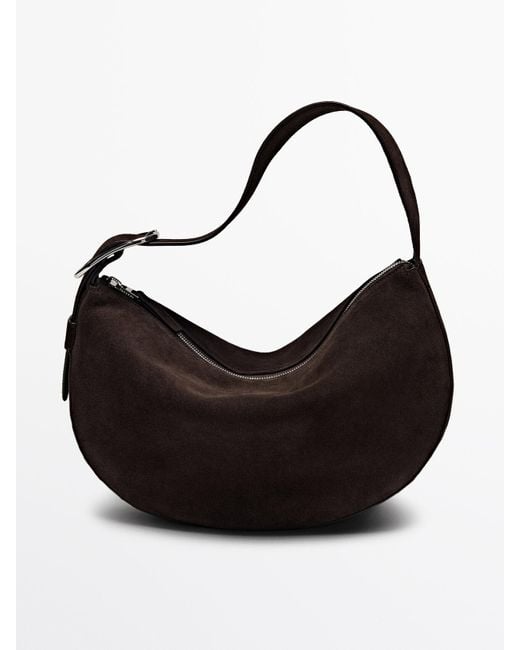 MASSIMO DUTTI Black Split Suede Medium Shoulder Bag