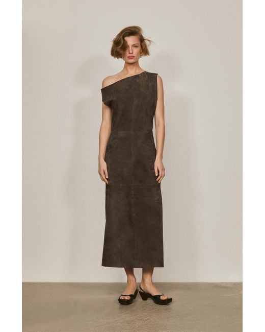 MASSIMO DUTTI Brown Asymmetric Neckline Suede Leather Midi Dress