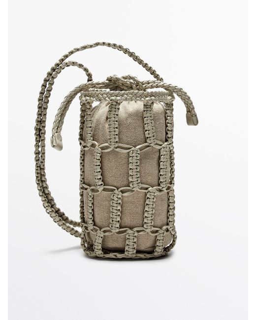 MASSIMO DUTTI Gray Nappa Leather Woven Mini Bucket Bag