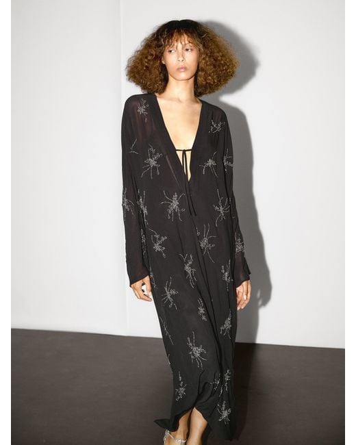 MASSIMO DUTTI Gray Flowing Midi Dress With Embroidery