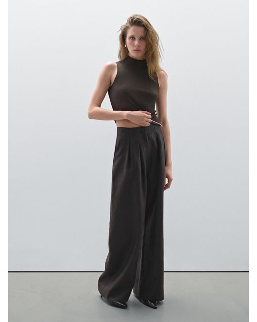 MASSIMO DUTTI Wide-Leg Linen Trousers With Double Darts in