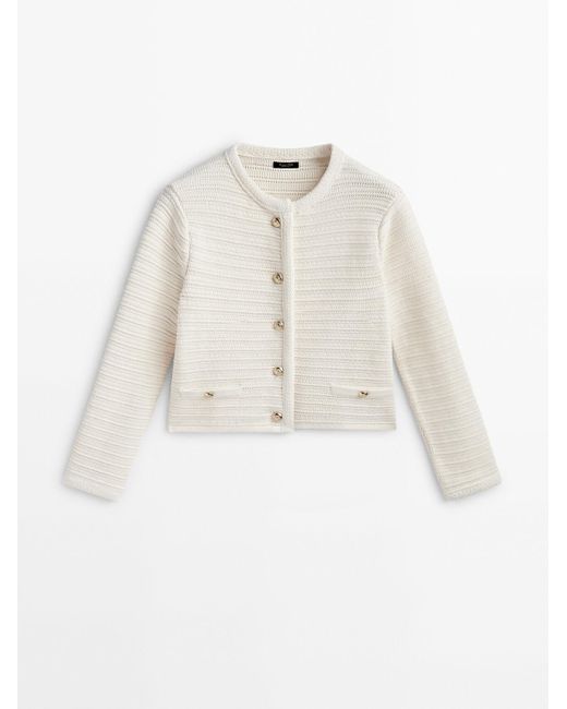MASSIMO DUTTI White Textured Knit Cardigan With Buttons