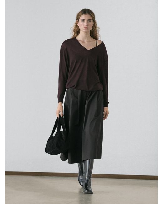 MASSIMO DUTTI Black Pleated Midi Skirt